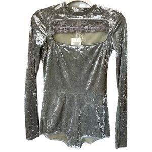 We Are HAH Hot As Hell Size M‎ Hole in 1 Cut-Out Velvet Bodysuit Gray Lace Trim